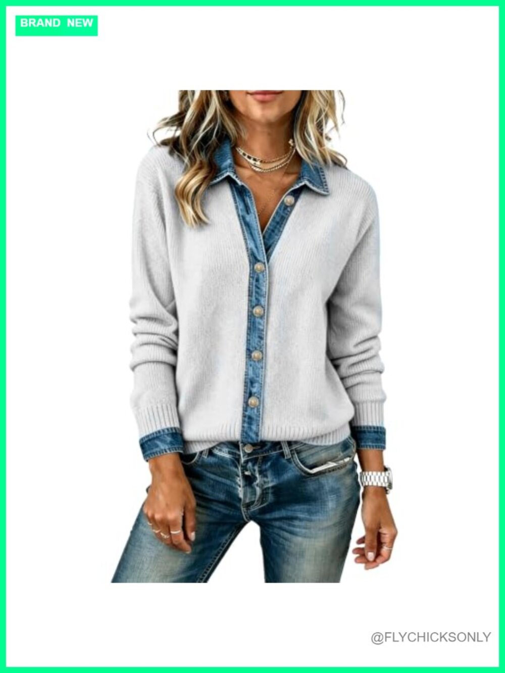 Cardigan Sweaters Denim Patchwork Trim Knitted Long Sleeve Button Outerwear